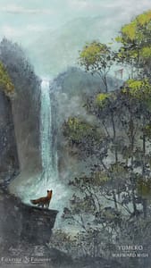 "Homecoming" A red fox stands at the base of a distant waterfall. High on a ridgeline, a vermillion Torii points her way home.