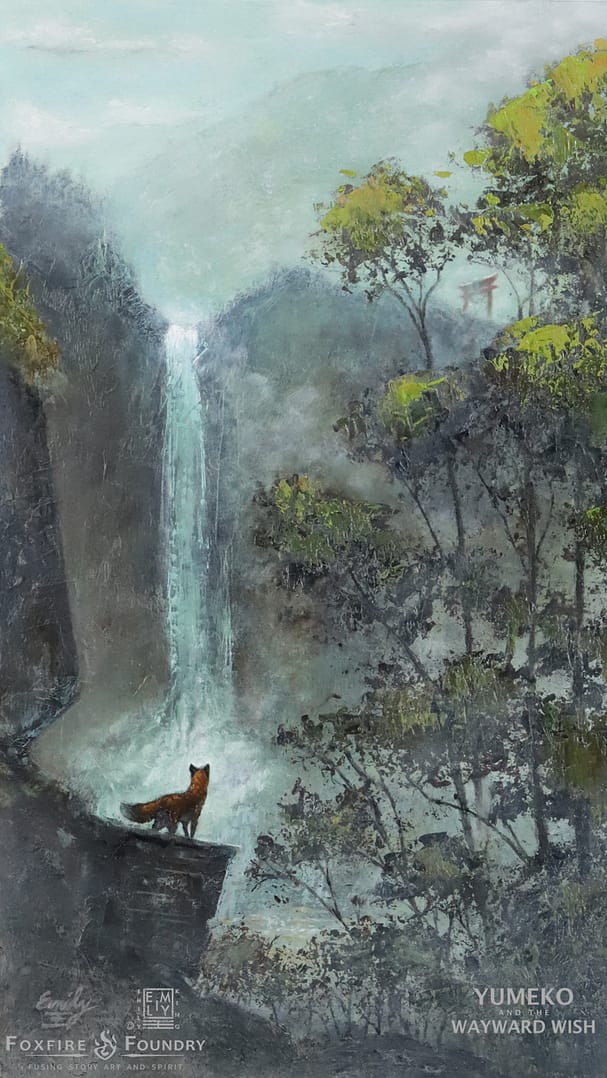 "Homecoming" A red fox stands at the base of a distant waterfall. High on a ridgeline, a vermillion Torii points her way home.